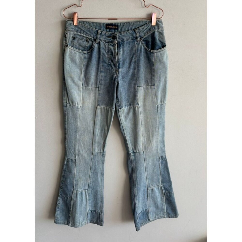 ARMOR JEANS Womens Wide Leg Button Fly Quilted Patchwork Denim Jeans Blue Sz L